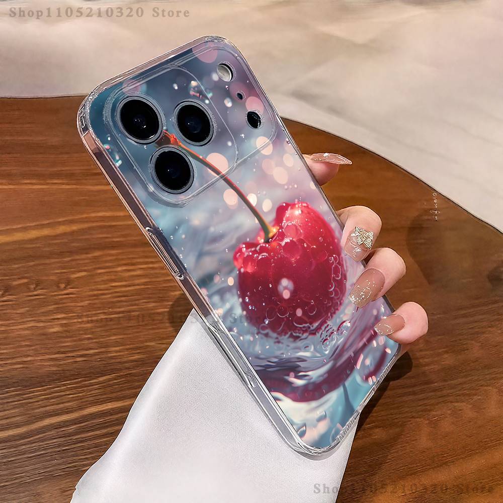 Прозрачный чехол для телефона с кристаллами и вишней для iPhone 17,16,15,14,13,12,11 Pro,Max,Plus,XR,Mini,E, Полное покрытие, Мягкий чехол