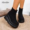 Fashion Suede Wedge Heel Ankle Boots Autumn Square Toe Chunky Platform High Heel Side Zip Boots Classic Solid Black Botas Size35