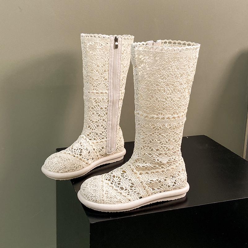 Мода 2025 полые сапоги дышащая обувь модная сетка вязаная линия высокая голень летние женские сапоги до колена труба женская обувь