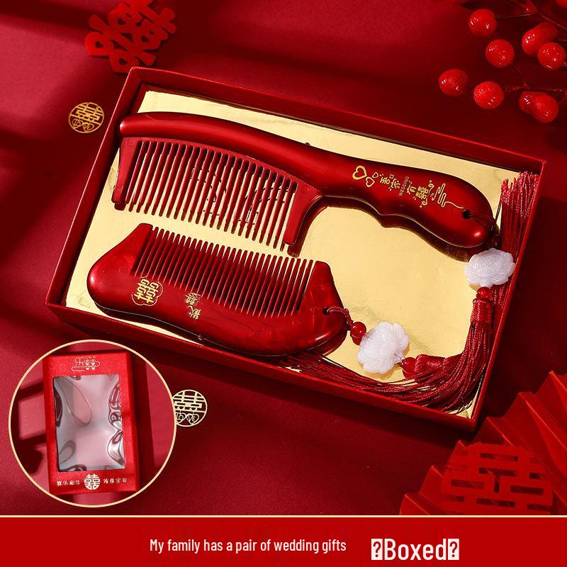 Бордовый Деревянный Свадебный Набор Расчесок с Зеркалом - Подарочная Коробка для Приданого Невесты