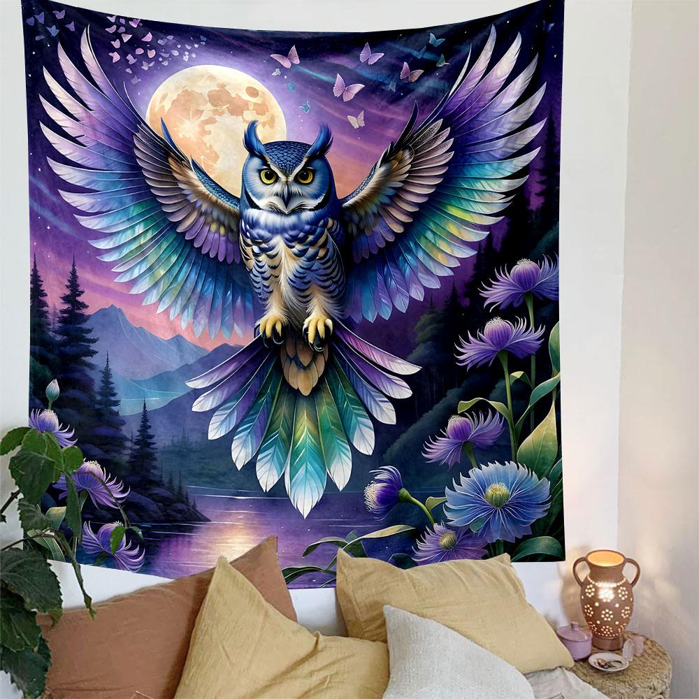 Mystical Owl Under Moonlit Sky Patterned Tapestry Decorative Wall Hanging, Home Bedroom Living Room Decor