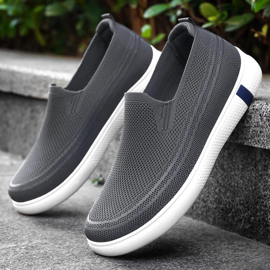 Мужские весенние дышащие слипоны из Flyknit - Корейский стиль, удобные, на толстой подошве, повседневные 'папины' туфли