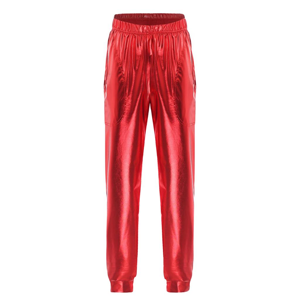 Женские металлизированные танцевальные брюки с высокой талией, эластичный пояс, свободный крой, спортивные брюки, блестящие, современные брюки