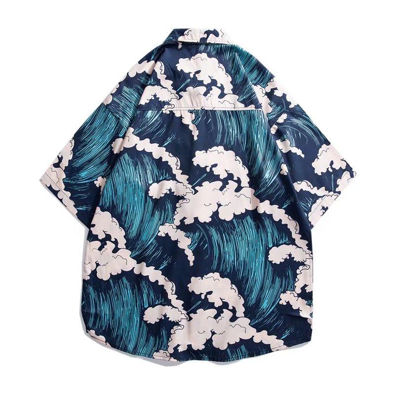 Рубашка с короткими рукавами, мужская летняя тонкая рубашка Ruoshuai в гавайском гонконгском стиле, рубашка в стиле ретро с принтом в японском стиле, ледяной шелк