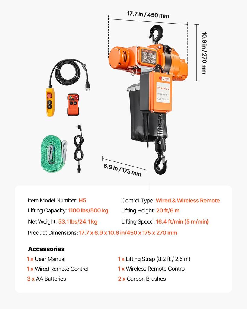 500 kg Electric Chain Hoist, 6 m Lifting Height, 230V Single Phase Overhead Crane with 100 m Wireless & 4.5 m Wired Remote Control, Power Electric