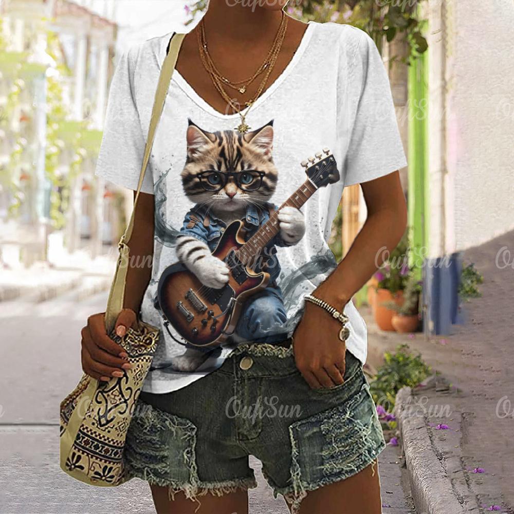 2024 New Women T-Shirt Rockin' Cat Print Top Plus Size Summer Women's Trending Clothing Fashion Short Sleeve Shirt Crew Tee
