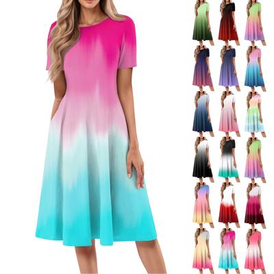 Женское повседневное модное платье с круглым вырезом и коротким рукавом средней длины с градиентом