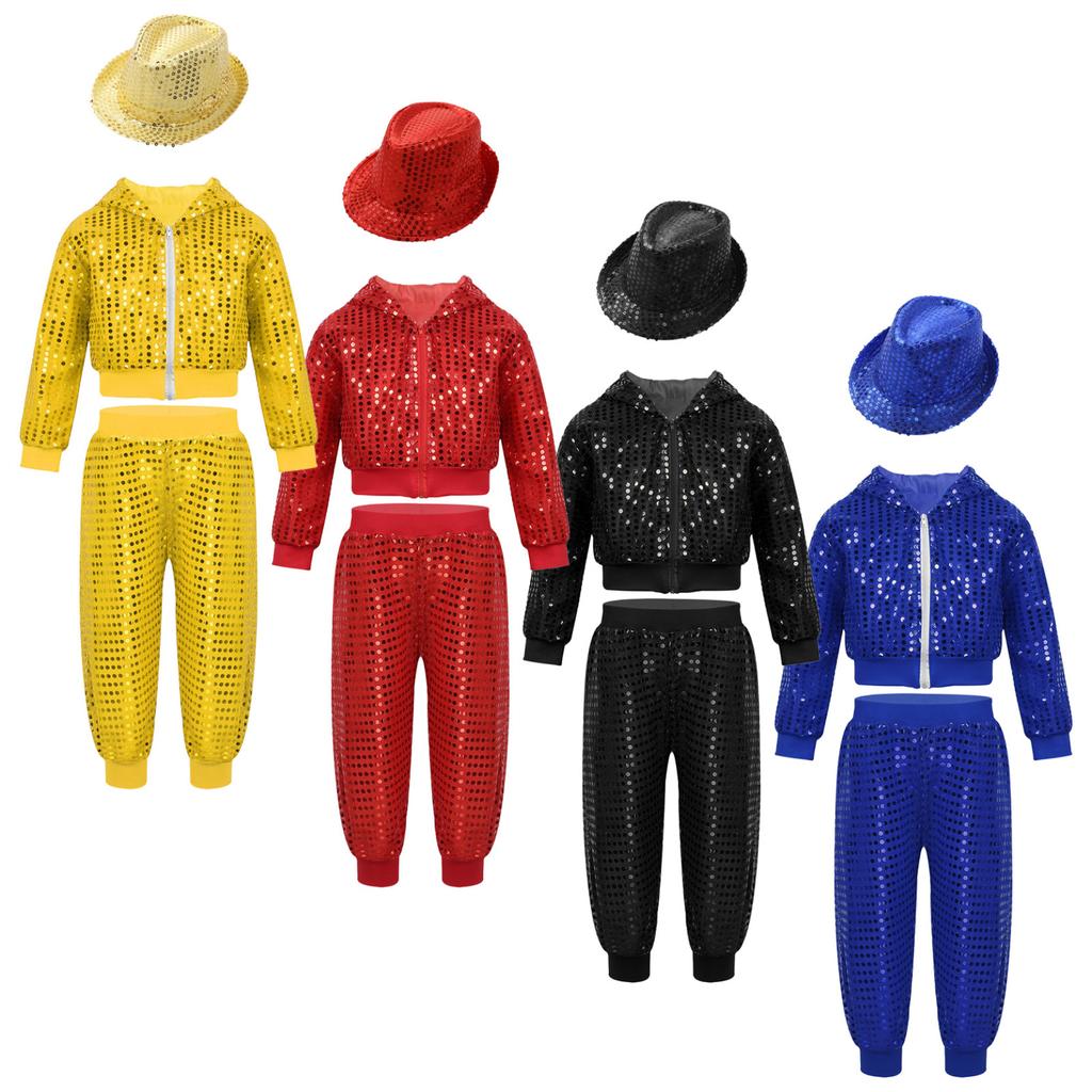 Children Dancewear Suits Kids Girls Boys Shiny Sequins Clothing Sets Hip Hop Dance Stage Costumes