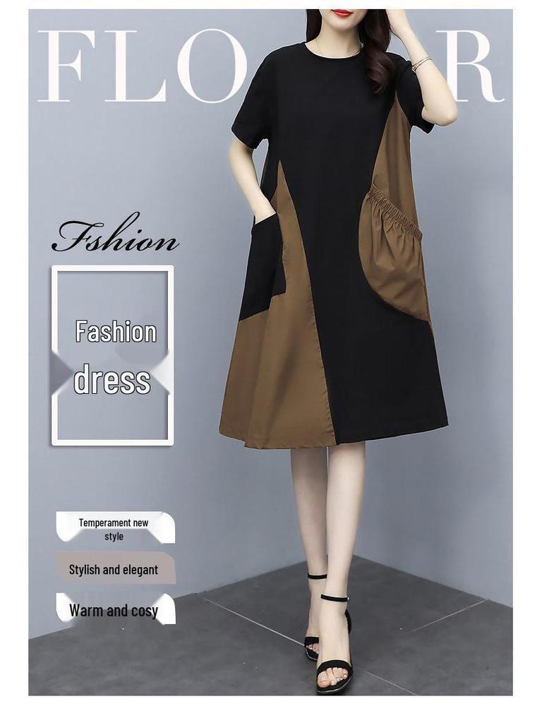 Летнее платье с коротким рукавом в стиле колор-блок, корейский стиль, большого размера, свободного кроя, стройнящее, с карманами