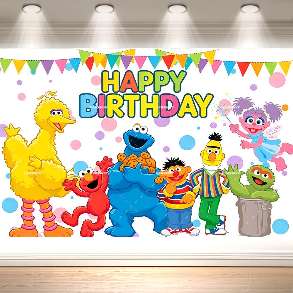 Sesames -Street Birthday Backdrop Cartoon Elmo Bird Cookie Monster Party Banner Kids Birthday Photo Background Decor Supplies
