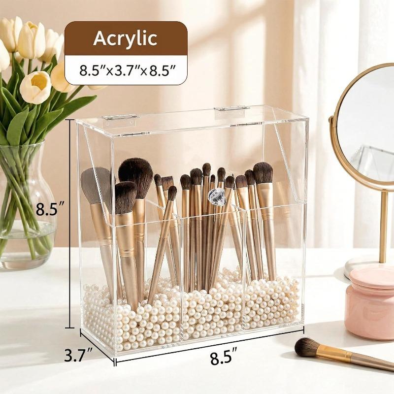 Makeup Brush Holder with Dustproof Lid, White Pearls, Acrylic Clear Makeup Brush Organizer with 3 Compartment, Large Cosmetic Brush Storage Box Case