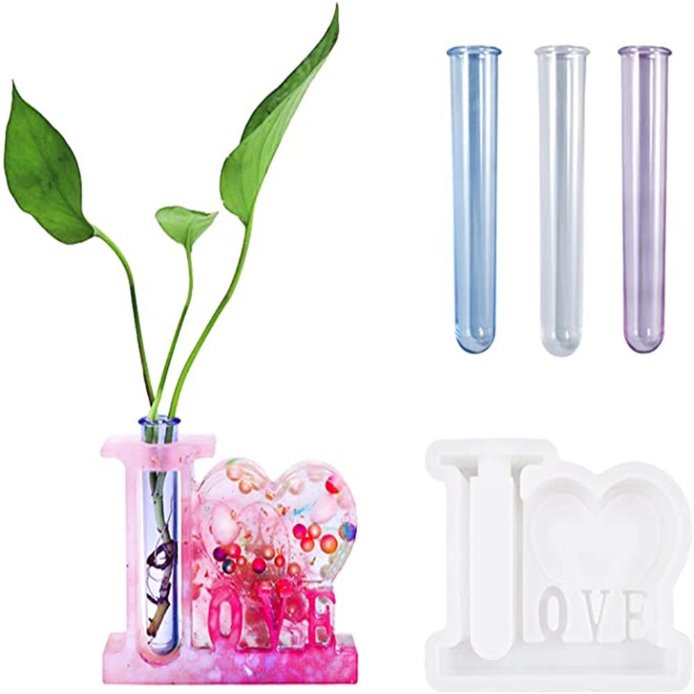 Diy Silicone Mold Love-shaped Photo Frame Flower Arrangement Device Desktop Decoration Epoxy Resin Die (including 3 Transparent Test Tubes)