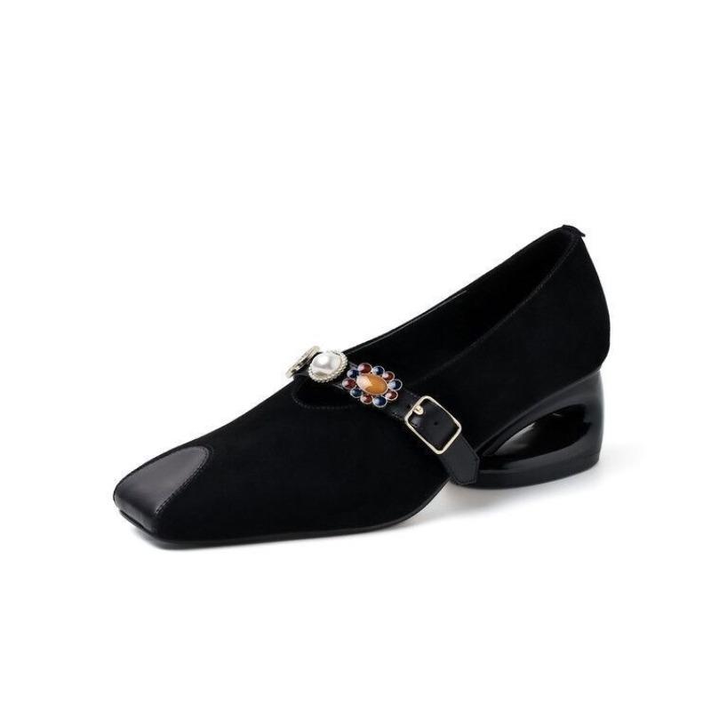 Fashion Beaded Mary Janes Shoes Women High Heels Retro Suede Loafers 2024 Trend Autumn Elegant Dress Chunky Pumps Luxury Zapatos Mujer