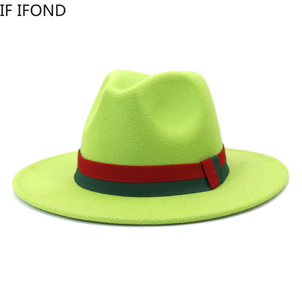 Фетровая шляпа Федора с красной зеленой лентой для женщин, классическое платье, официальная церковная зимняя шляпа, шерстяная панама с широкими полями, джазовая кепка