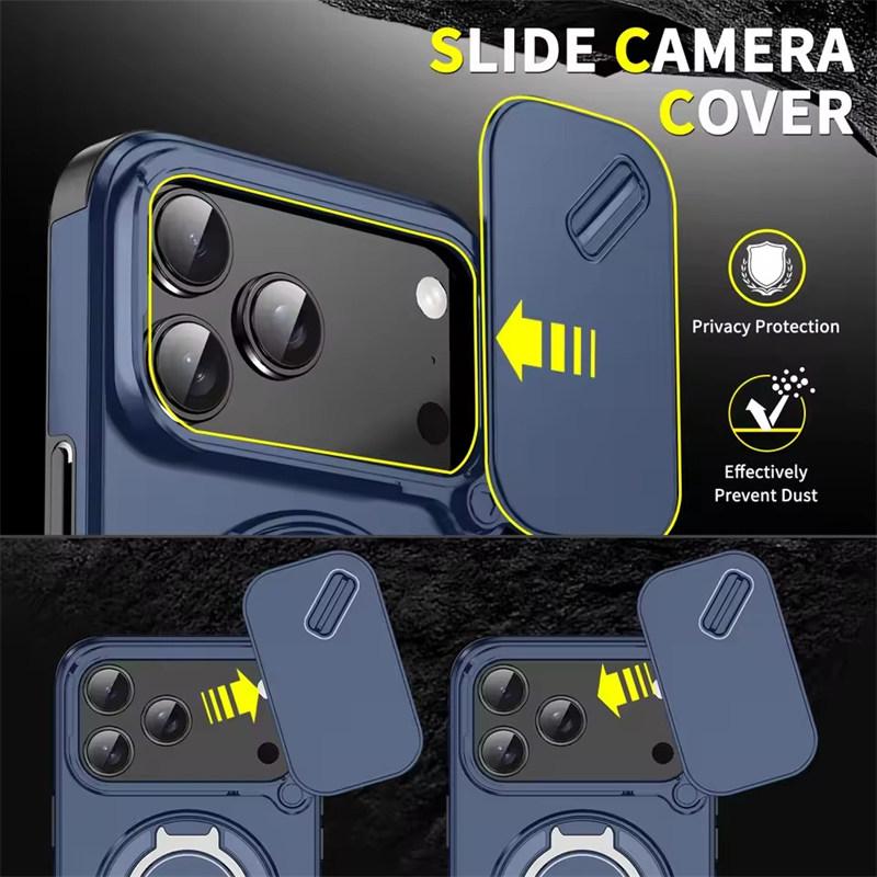 Прочный магнитный чехол-подставка для iPhone 17 16 15 14 13 12 11 Pro Max 16 и 17 Air с кольцом-держателем и сдвижной крышкой для защиты камеры