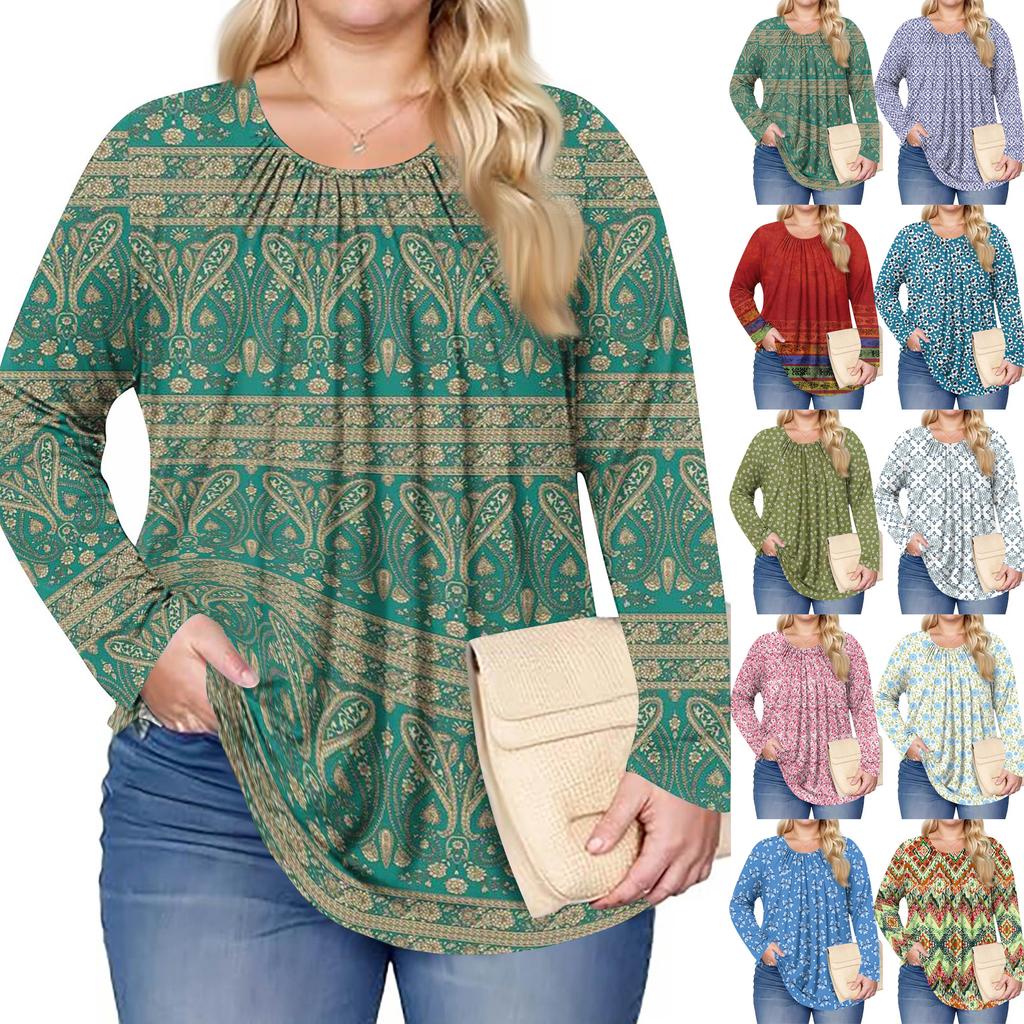 Женский модный топ большого размера с принтом, повседневный плиссированный, с круглым вырезом и длинными рукавами