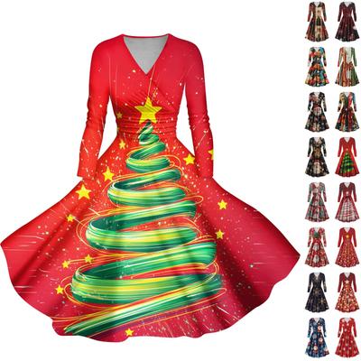 Женские повседневные модные рождественские принты с длинным рукавом и V-образным вырезом, сексуальные платья с карманами