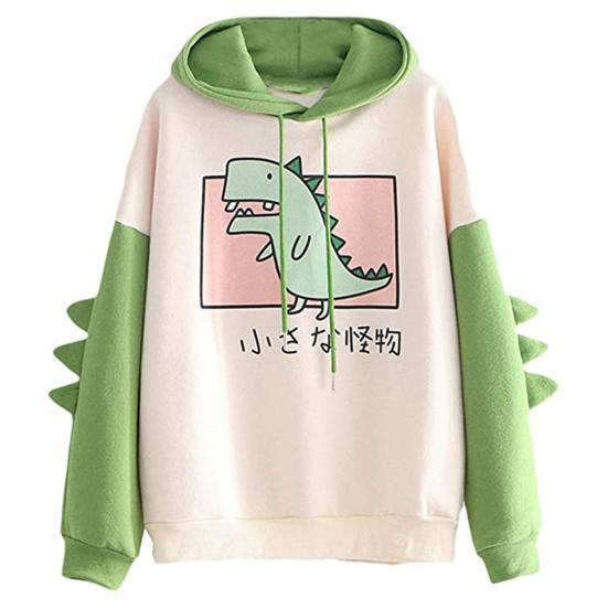 Толстовка с длинными рукавами и рисунком динозавра из смеси хлопка для девочек-подростков, зимняя с капюшоном для дома