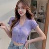 Летняя вязаная футболка с оборками, модные сексуальные тонкие укороченные топы с v-образным вырезом, однотонный кардиган с короткими рукавами для женщин