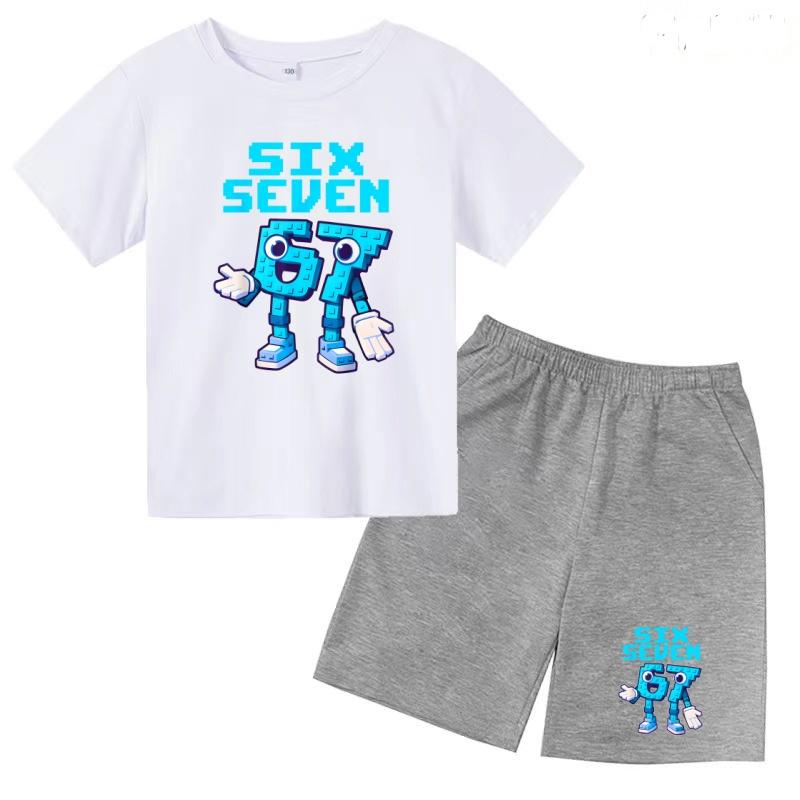 Kids Trend 67 Number Six Seven Print Coat Cool Summer T-shirt 3-12Yrs Cartoon Short-sleeved+Shorts Boys Girls Sports Casual Set