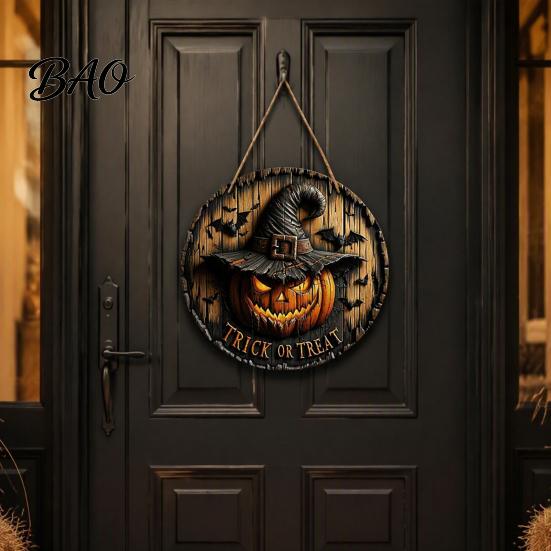 Retro Mysterious Forest Sign Halloween Witch Hanging Sign, 8" Round Wooden Door Autumn Witches Rustic Holiday for Home Front Porch Decoration Harvest