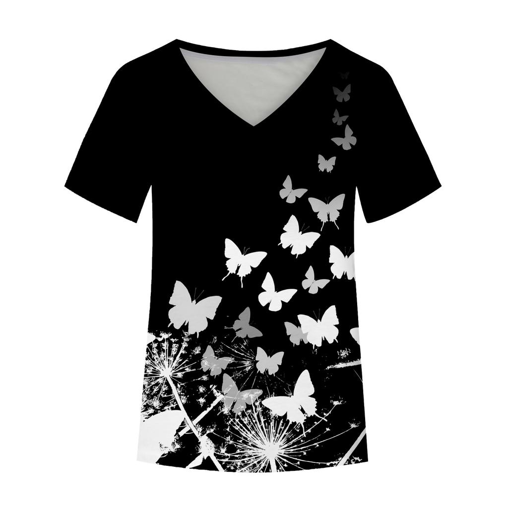 Butterfly Themed 3D Printed T-shirt V-neck 3D Printed Women's Short Sleeved T-shirt Top