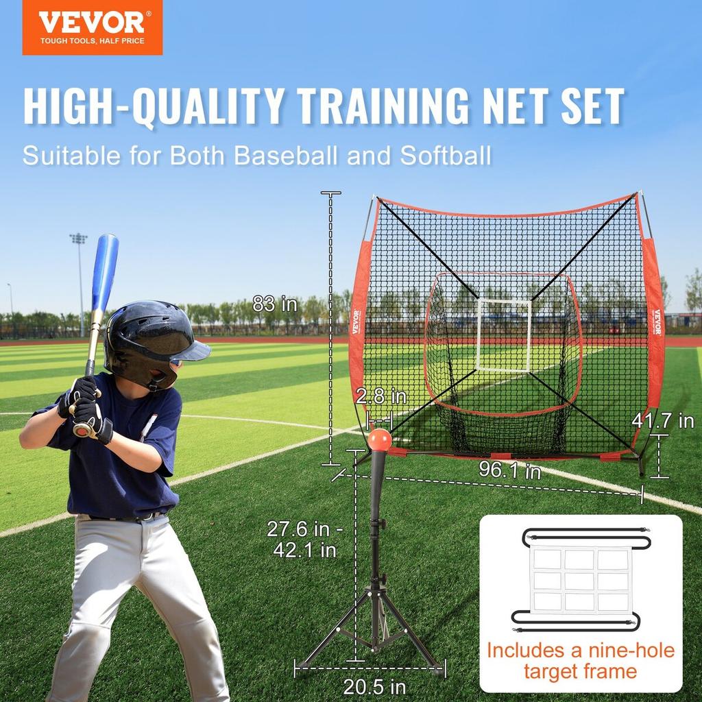 7x7 ft Baseball Softball Practice Net, Portable Baseball Training Net for Hitting Batting Catching Pitching, Backstop Baseball Equipment with Bow