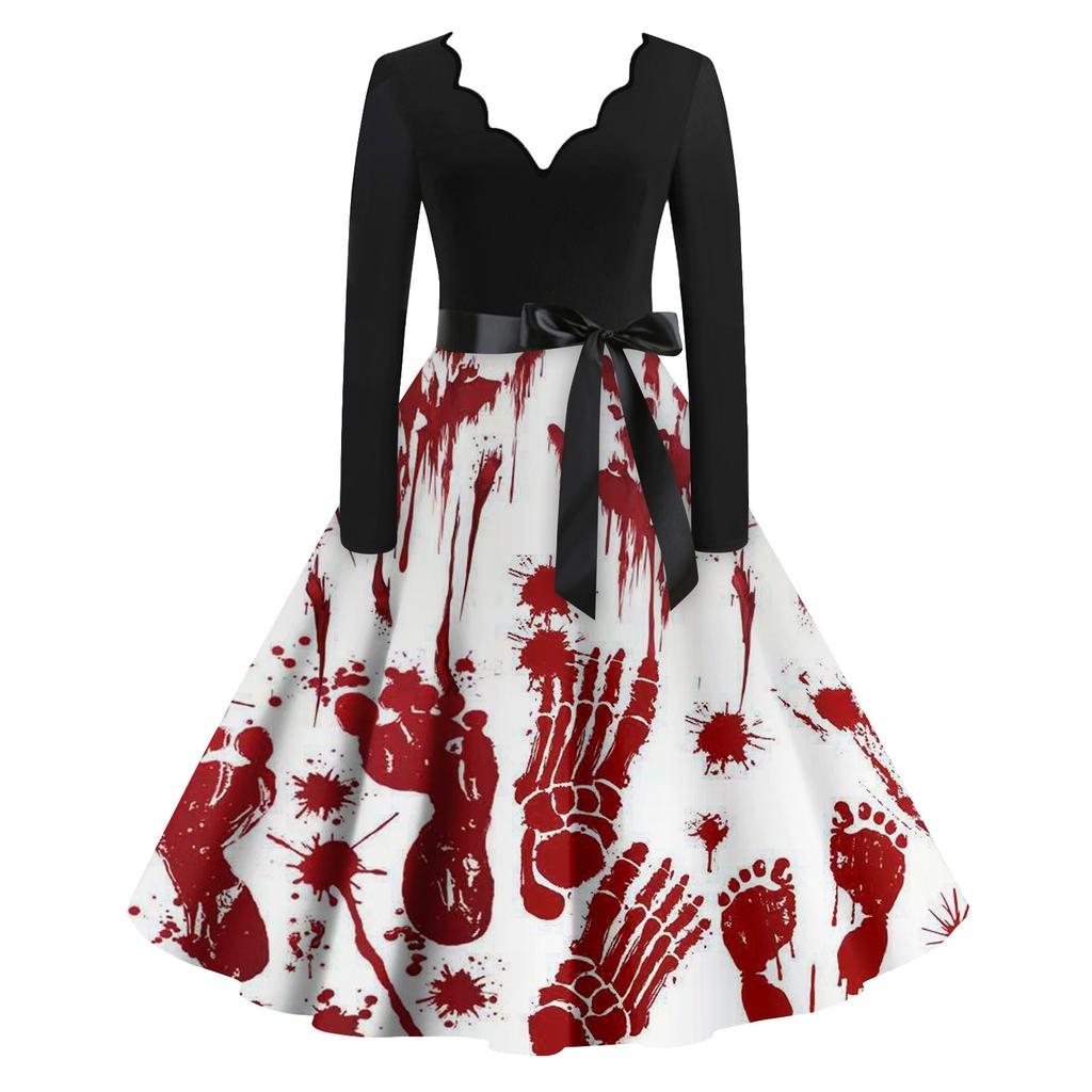 Женские повседневные модные винтажные длинные платья с длинным рукавом на Хэллоуин и графическим принтом