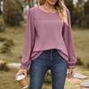 Yousheng Women Tops Round Neck Puff Long Sleeve Solid Color Tee Shirt with Waffle Decoration Solid Color Loose Fit T-shirt