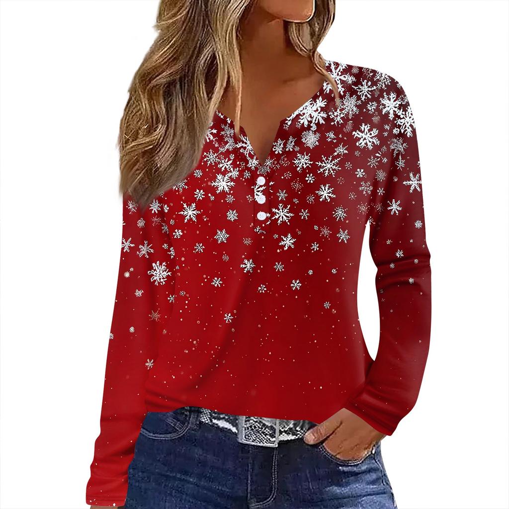 Женская футболка с рождественским принтом на пуговицах с длинным рукавом, повседневная, выходного дня, модная, базовая, с V-образным вырезом, обычная