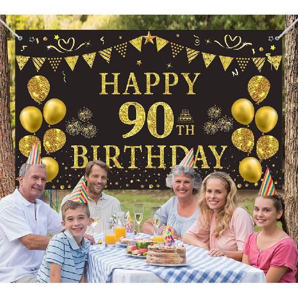 Trgowaul 90th Birthday Backdrop Gold and Black 5.9 X 3.6 Fts Happy Birthday Party Decorations Banner for Women Men Photography Supplies Background