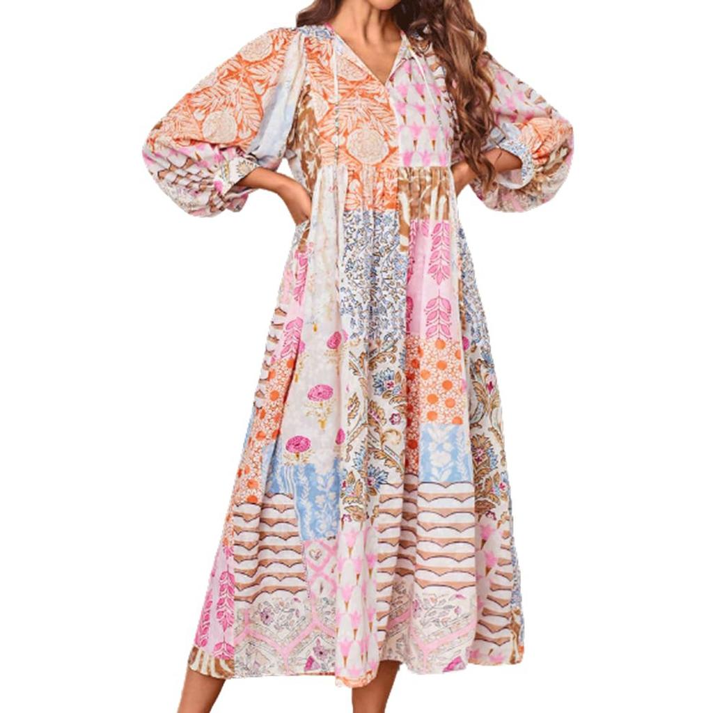 Women's Summer Floral Print Loose Sundress Half Sleeve Beach Flowing Bohemian Maxi Dress