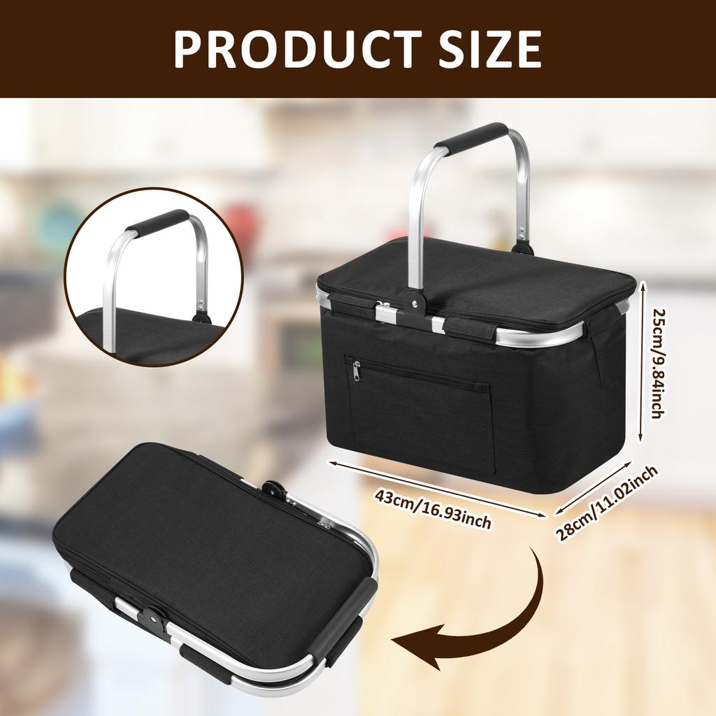 Picnic Basket Portable Folding Insulated Bag with Padded Handle and Lid Handheld Waterproof Shopping Basket for Travel Picnic