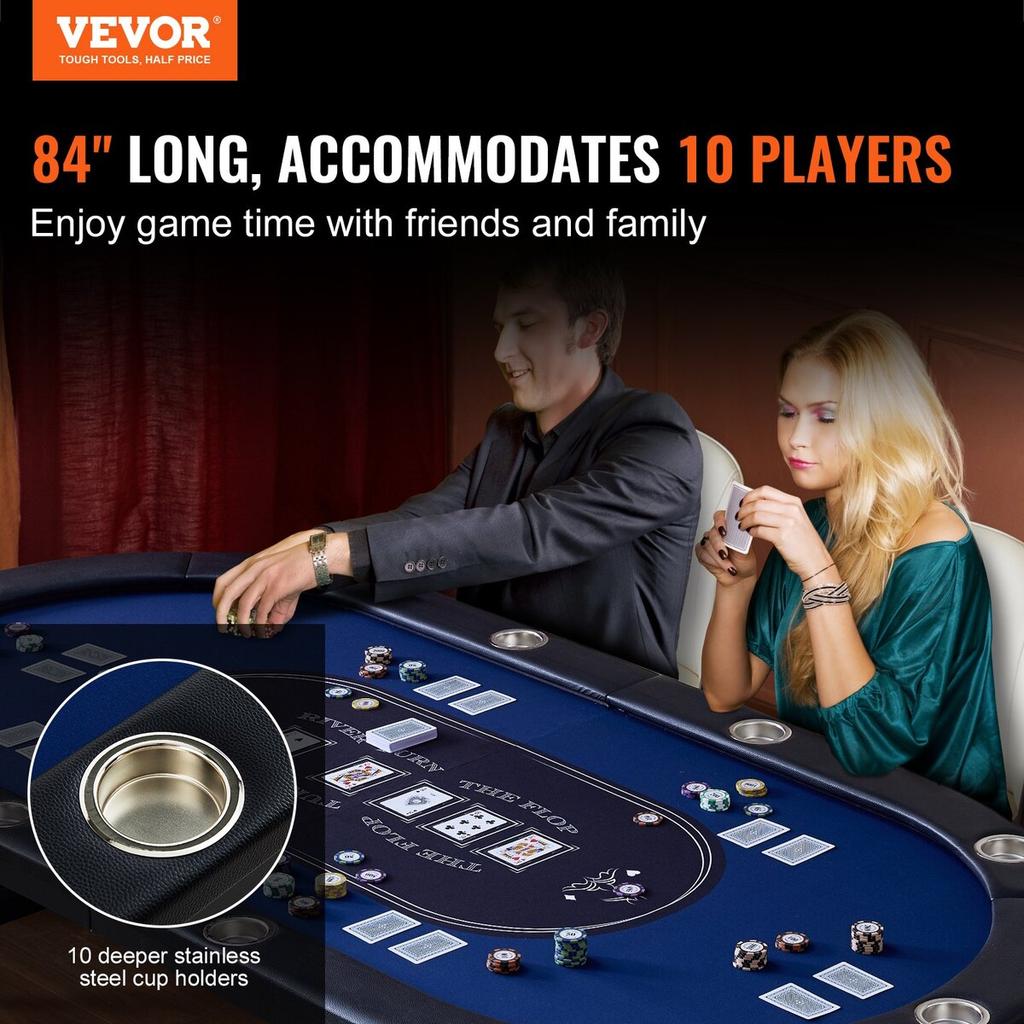 10 Player Foldable Poker Table, Blackjack Texas Holdem Poker Table with Padded Rails and Stainless Steel Cup Holders, Portable Folding Card Board Game