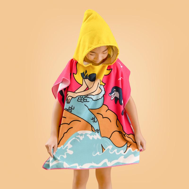 Dinosaur Cartoon Hooded Bath Towel: Absorbent Cotton Poncho for Kids' Summer Swimming