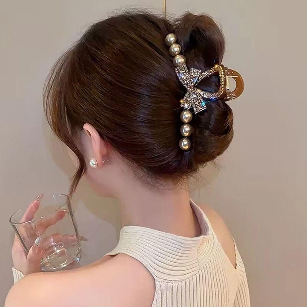 Rhinestone Bow Claw Clip Korean Style Pearl Hair Claw Sweet Large Shark Clip  Ladies