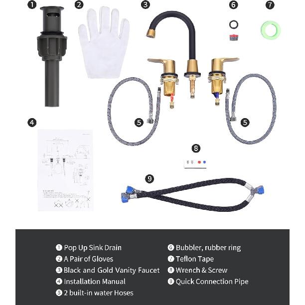 2 Handle 3 Holes Widespread Bathroom Faucet, Bathroom Sink Faucet with Copper Pop Up Drain, Black & Gold Lavatory Faucet Swivel Spout with Drain