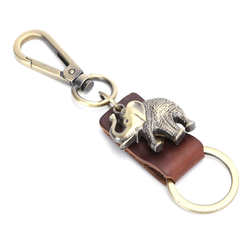 2Pcs Key Chains Elephant Shape Metal Cowhide Car Keychain Retro Leather Pendant GiftsBrown