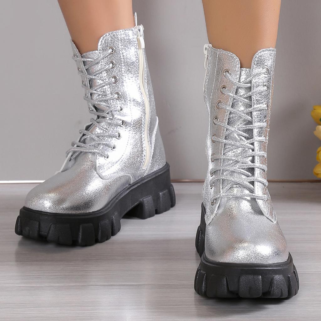 Winter Silver Crystal Thick Sole Ankle Boots Women's Thick Sole Motorcycle Boots Women's Luxury Rhinestone Punk Shoes Size 35-43
