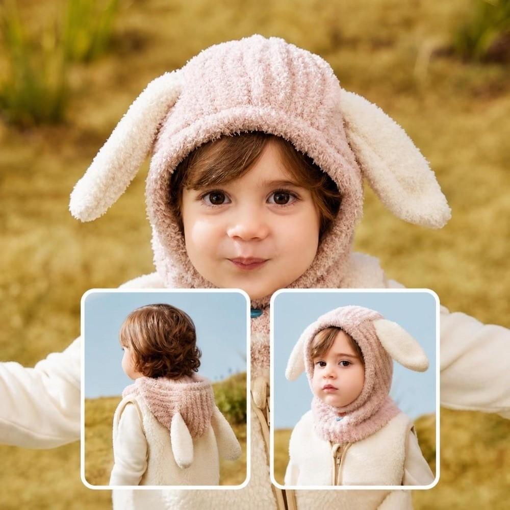Plush Ball Kids Balaclava Hat Thickened Hooded Beanie Cartoon Kids Scarf Cap Winter