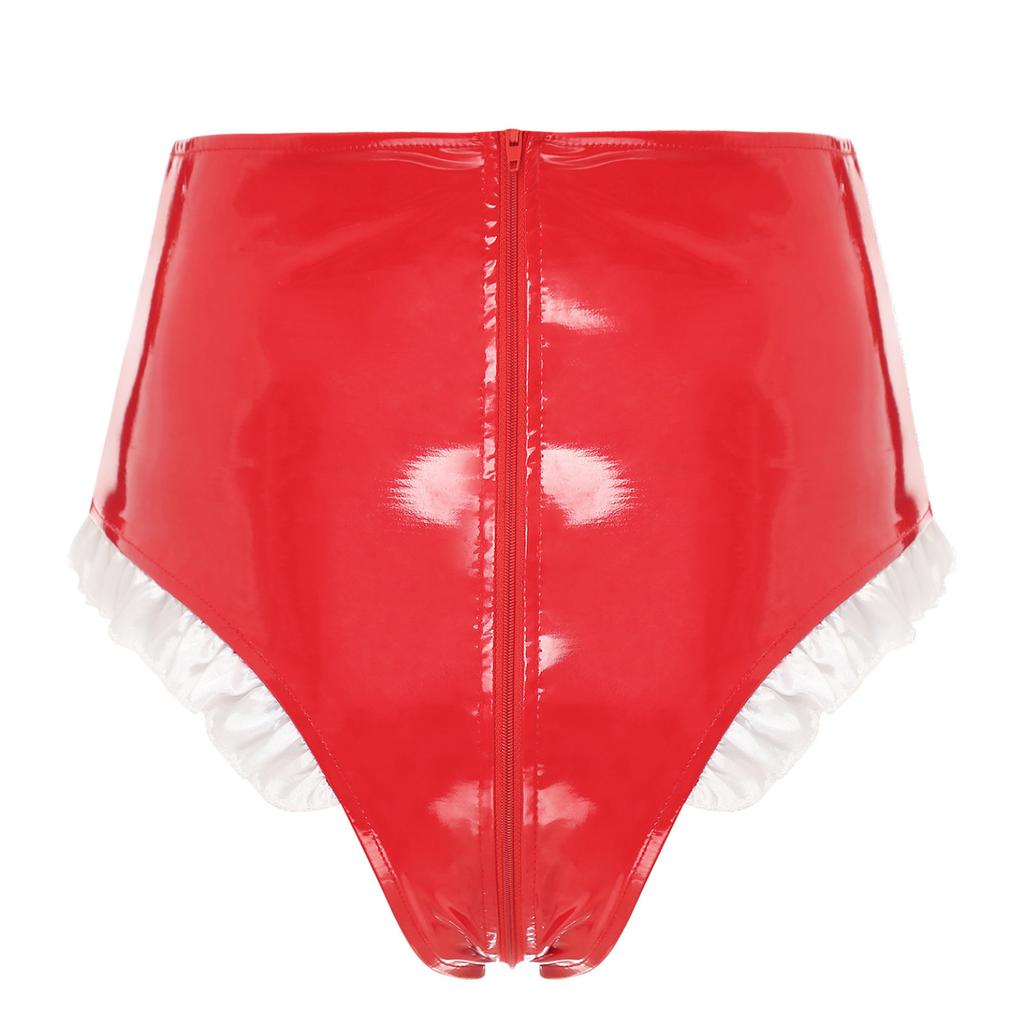 Женские блестящие лакированные трусики с оборками для горничной, трусы с высокой талией на шнуровке и молнией, нижнее белье для ночного клуба, ролевых игр