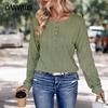 Spring and Autumn Women's Knit Blouse Round Neck Casual Top Green Button Tee Jacquard Long Sleeve Blouse