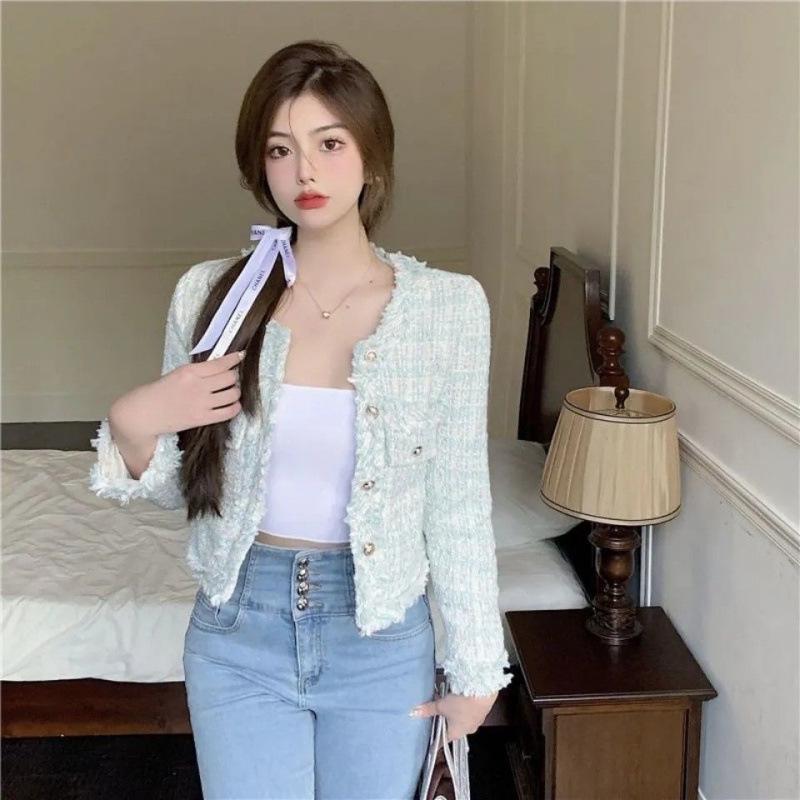 Женский корейский твидовый короткий пальто 2024 – Осенне-зимний повседневный стиль знаменитости