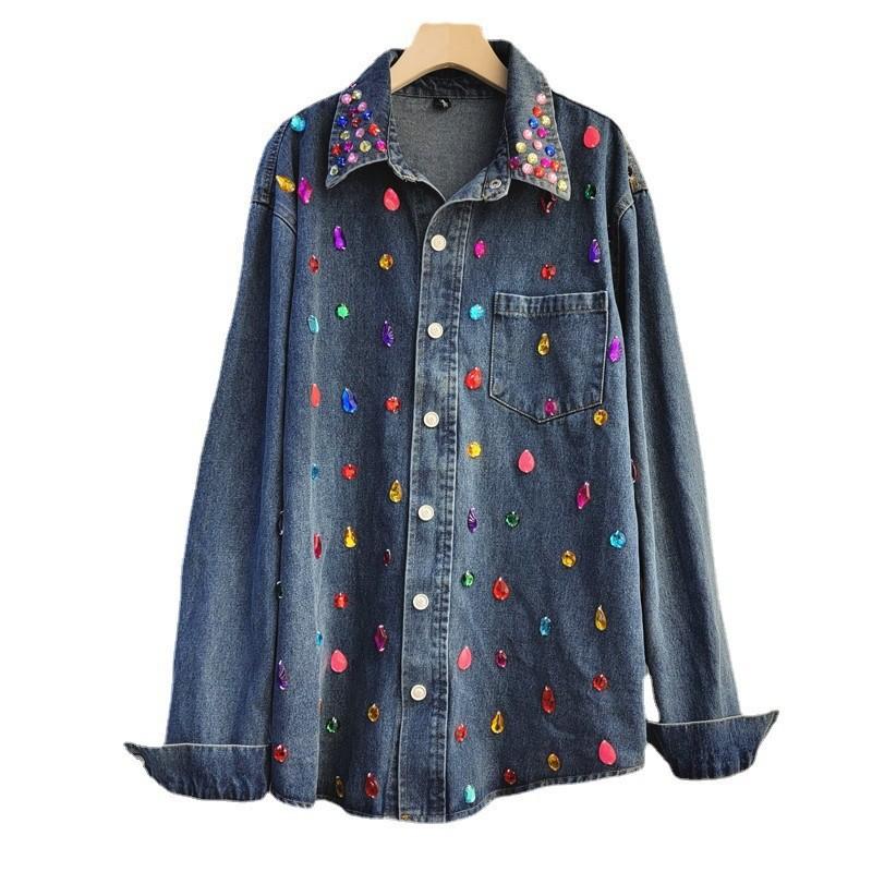European Station Spring New Heavy Industry Diamond Loose Denim Shirt Women's Design Versatile Single-breasted Shirt
