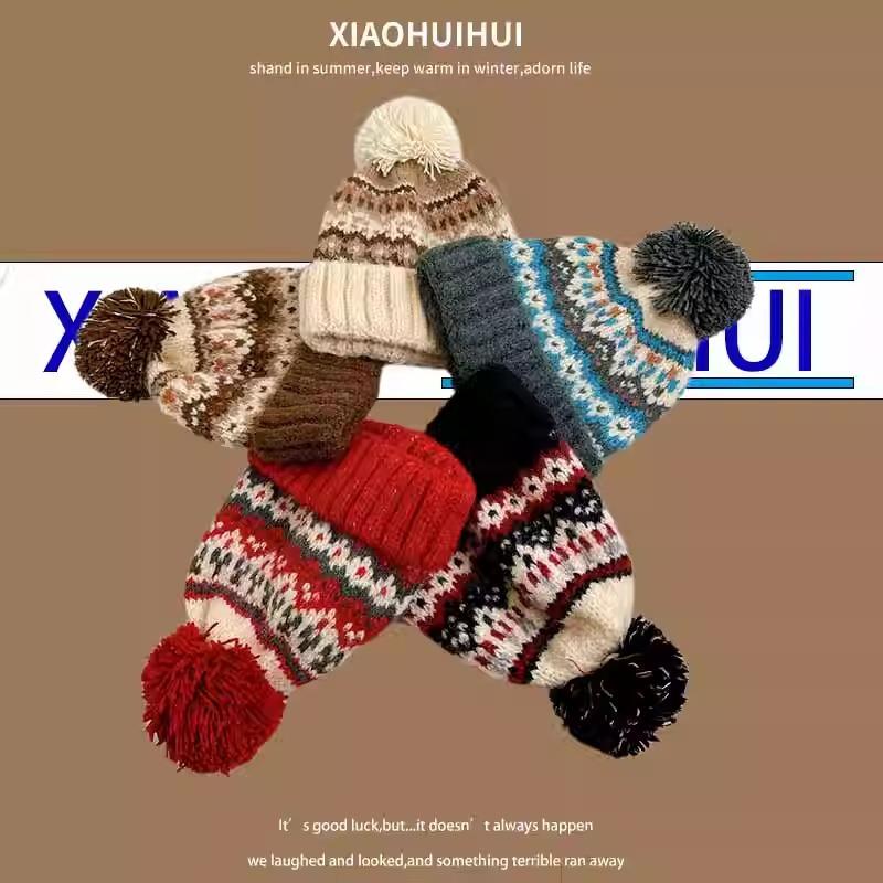 Японская вязаная шапка-бини в стиле Fair Isle с жаккардовым узором и помпоном для мужчин и женщин, теплая зимняя, повседневная, с защитой ушей