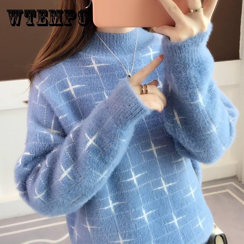 Women Mohair Fuzzy Skin-friendly Sweater Long Sleeve Half Turtleneck Bottom Knit Shirt Top