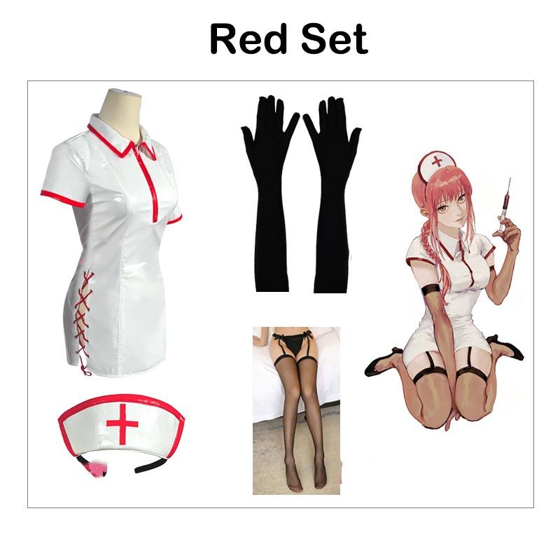 Человек-бензопила Макима Костюм медсестры для косплея Костюм из ПУ Парик для Хэллоуина Карнавала