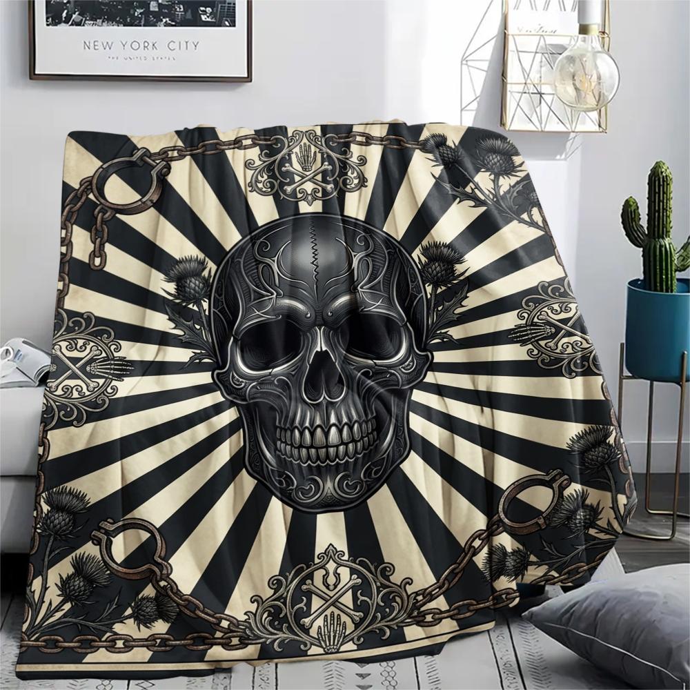 1Pc Skull Print Flannel Blanket, High quality Comfortable for All Seasons, Home Decor, Warmth and Comfort, Perfect for Christmas Gifts W52