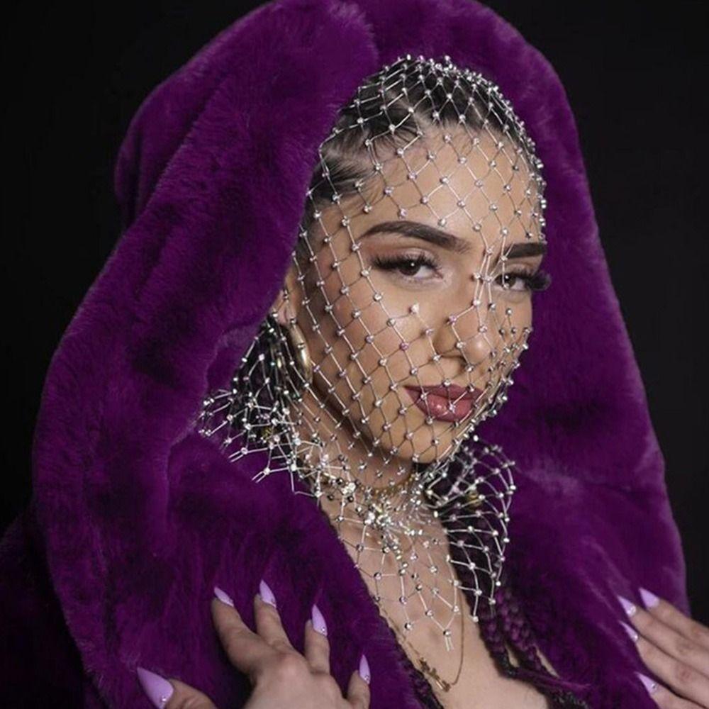 Balaclava Women Fishnet Headhood Cap Shining Diamond Headwrap Rhinestone Headcover Masked Head Mask