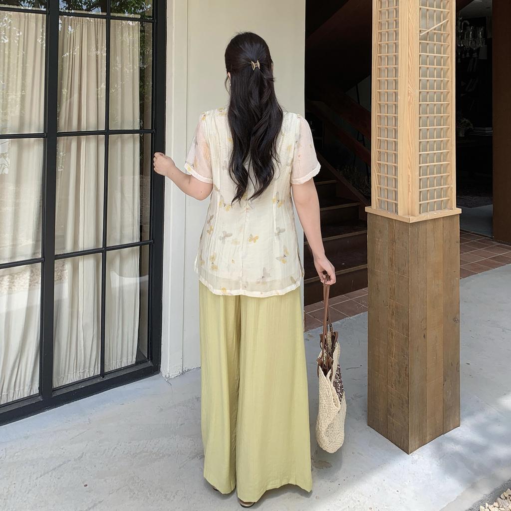 Large size new Chinese split medium and long top 2026 summer new women's linen culottes two-piece set 255006